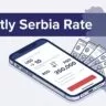 A phone showing USD to RSD beside Serbian dinar banknotes and a Serbia map.