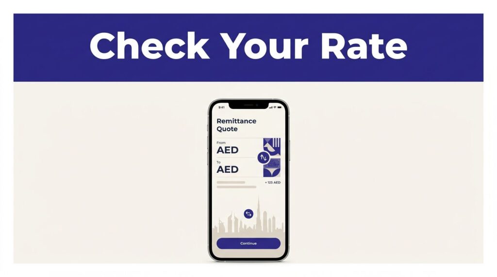 Phone showing a UAE money transfer quote beneath a Check Your Rate banner.