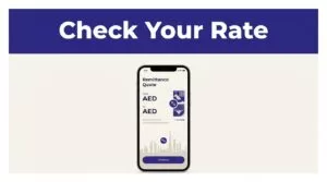 Phone showing a UAE money transfer quote beneath a Check Your Rate banner.