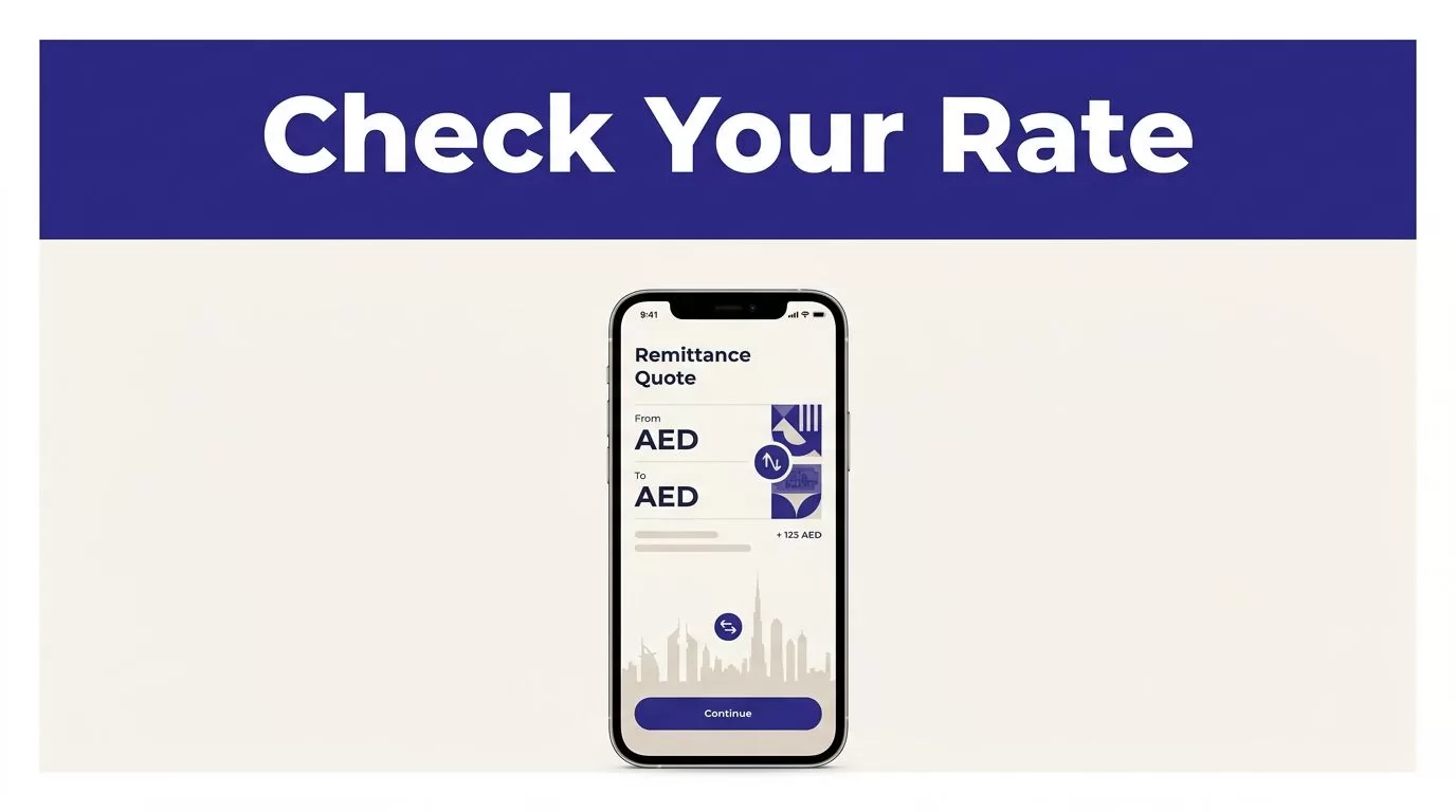 Phone showing a UAE money transfer quote beneath a Check Your Rate banner.