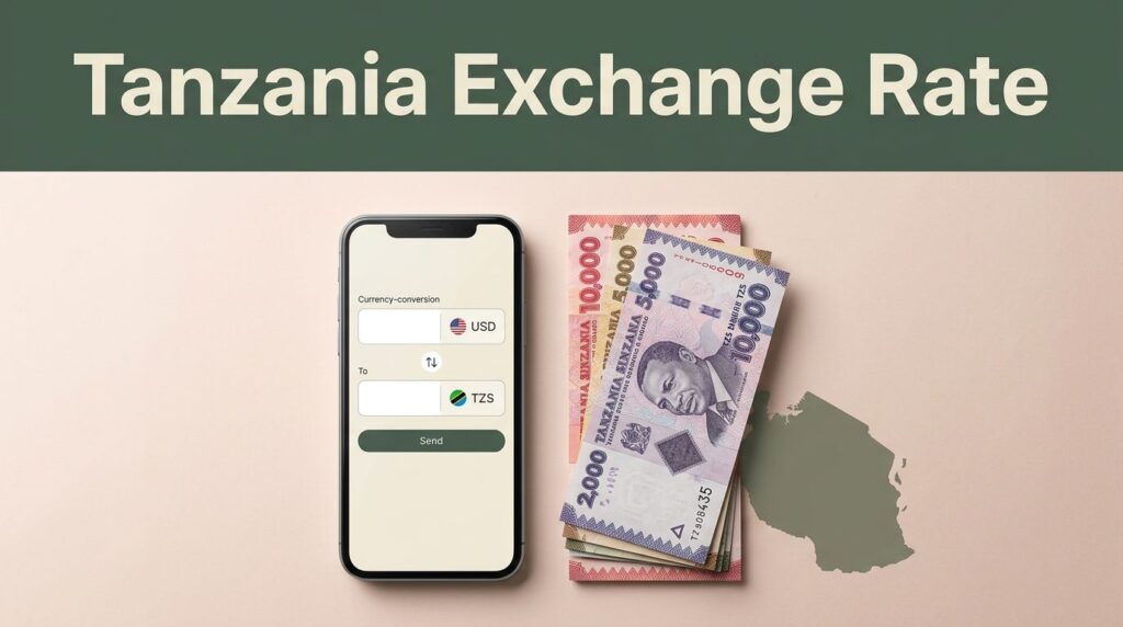 A smartphone currency converter beside Tanzanian shilling notes and a Tanzania map.
