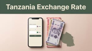 A smartphone currency converter beside Tanzanian shilling notes and a Tanzania map.