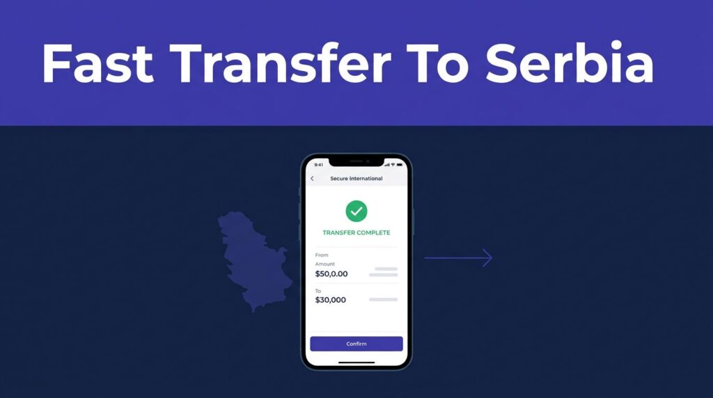 Smartphone showing a secure money transfer to Serbia on a navy background.
