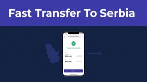 Smartphone showing a secure money transfer to Serbia on a navy background.