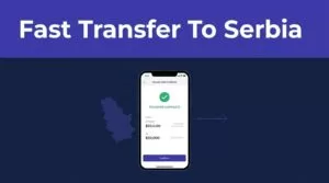 Smartphone showing a secure money transfer to Serbia on a navy background.