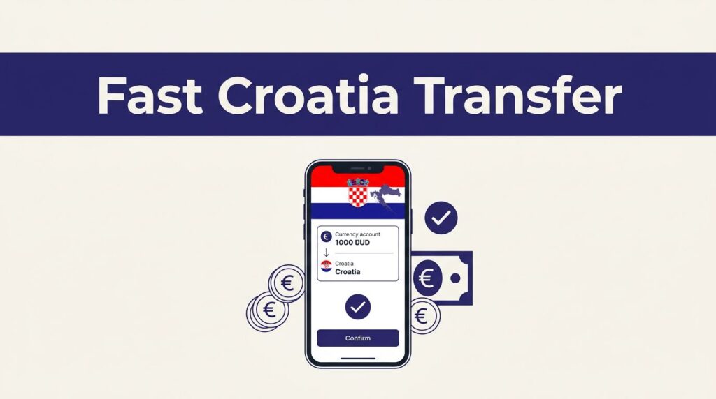 Smartphone showing a Croatia money transfer with euros and a confirmation checkmark.