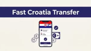 Smartphone showing a Croatia money transfer with euros and a confirmation checkmark.