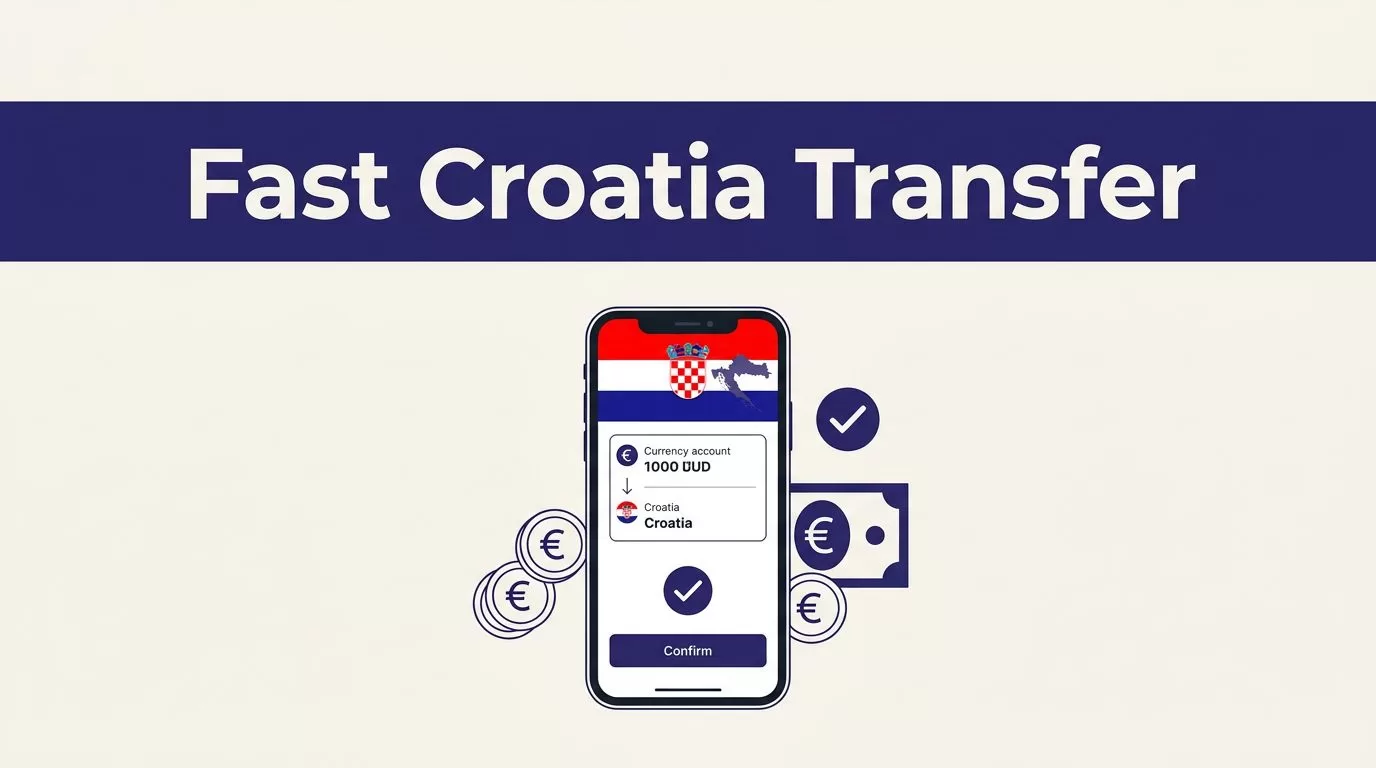 Smartphone showing a Croatia money transfer with euros and a confirmation checkmark.