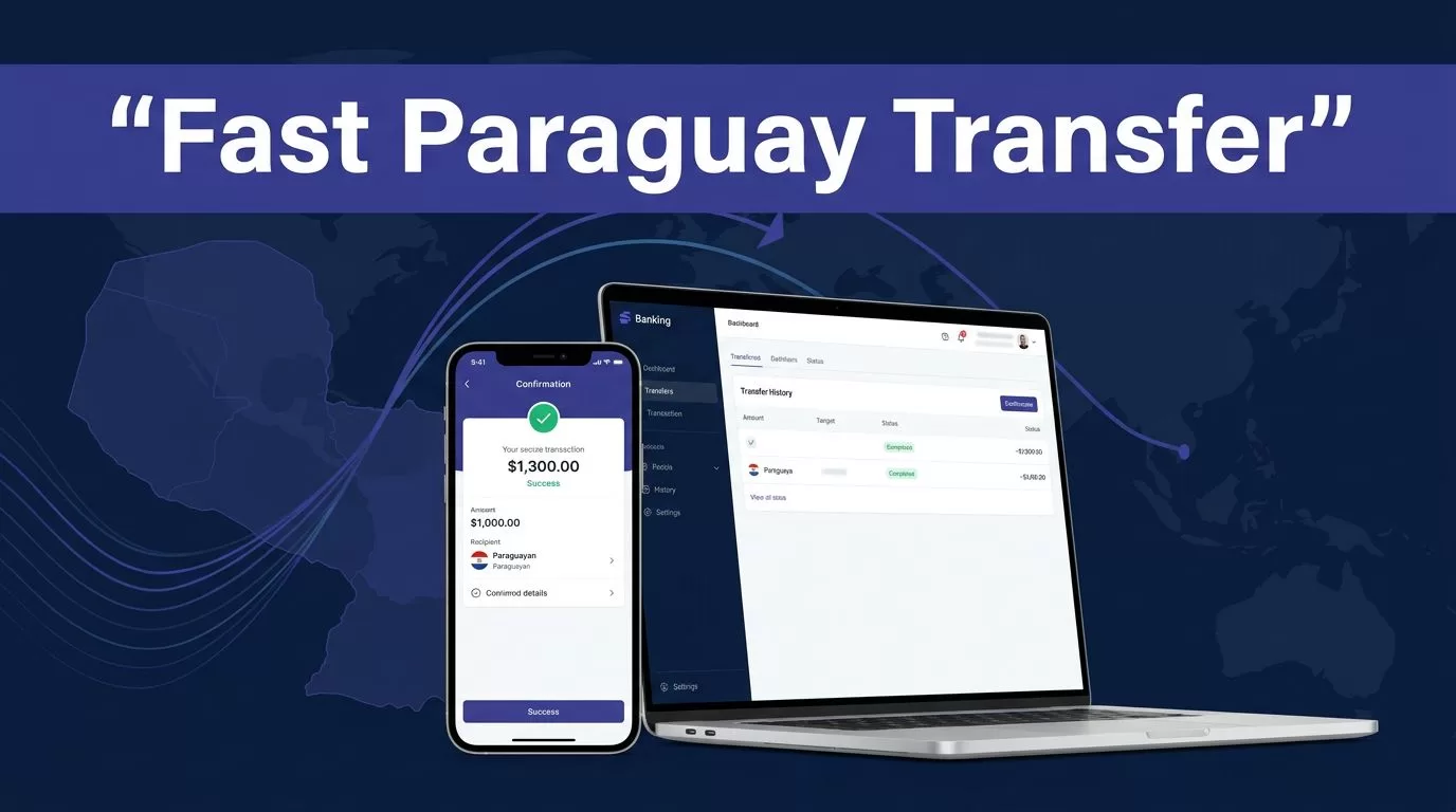 A smartphone and laptop display a fast Paraguay money transfer concept.