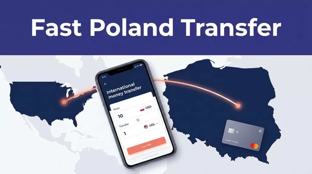 A smartphone transfer screen sits beside a Poland map and glowing route under a Fast Poland Transfer headline.