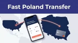 A smartphone transfer screen sits beside a Poland map and glowing route under a Fast Poland Transfer headline.