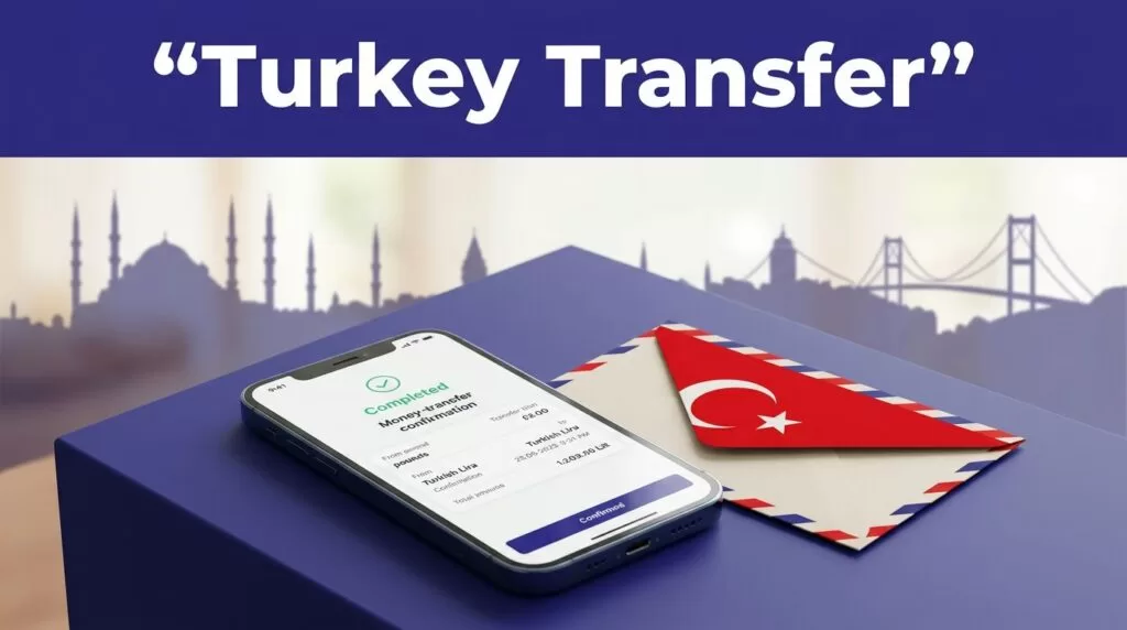 Smartphone showing a transfer confirmation beside a Turkish flag-colored envelope.