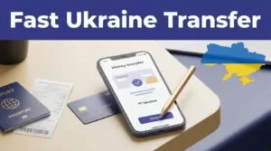 A phone showing transfer confirmation beside a passport, receipt, and debit card.