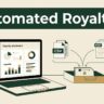 Laptop showing a royalty dashboard with CSV and PDF files entering an automated workflow.