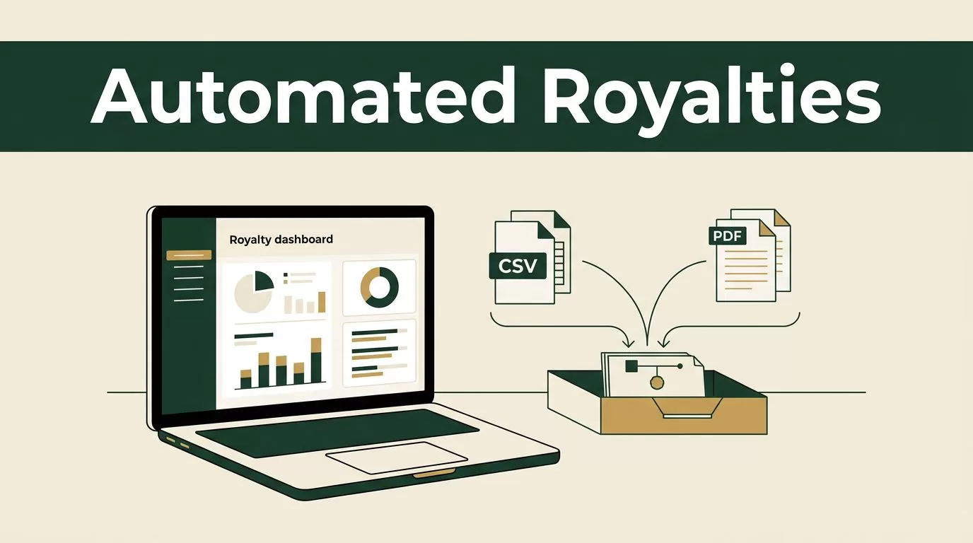 Laptop showing a royalty dashboard with CSV and PDF files entering an automated workflow.