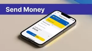Smartphone showing a money-transfer app for Ukraine beneath a blue Send Money banner.