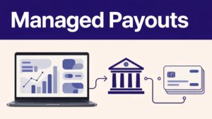 Laptop dashboard connected to a bank account and affiliate payout cards.
