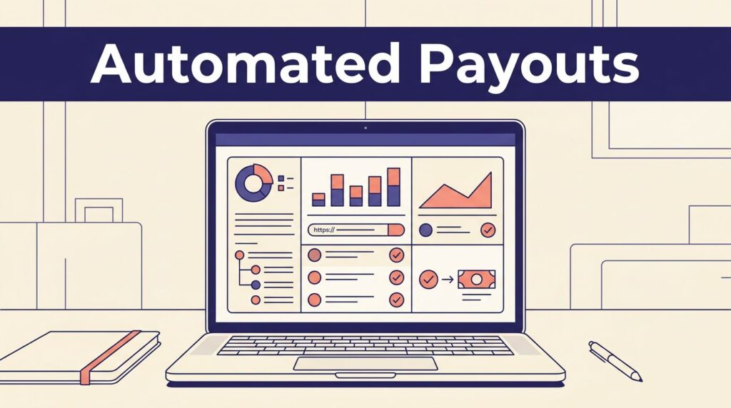 Laptop showing an affiliate payout dashboard in a clean finance workspace.