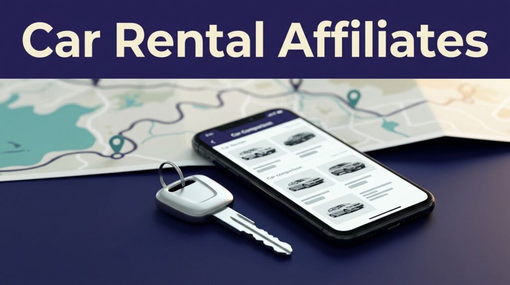 A rental car key and smartphone sit on a travel-planning desk beside a blurred road map.