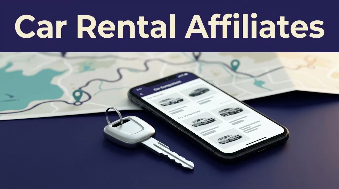 A rental car key and smartphone sit on a travel-planning desk beside a blurred road map.