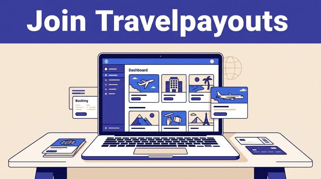 Laptop showing a travel affiliate dashboard with booking cards on a modern desk.