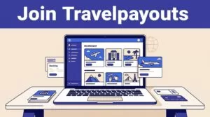 Laptop showing a travel affiliate dashboard with booking cards on a modern desk.
