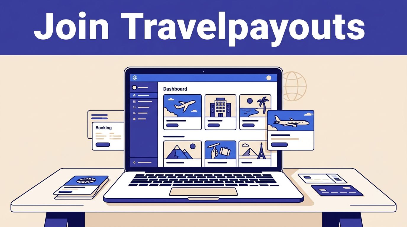 Laptop showing a travel affiliate dashboard with booking cards on a modern desk.