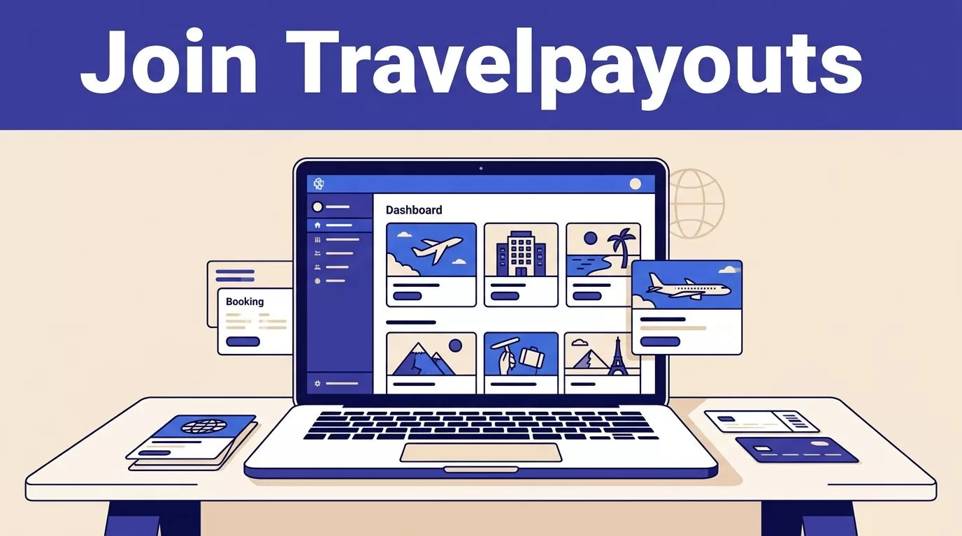 Laptop showing a travel affiliate dashboard with booking cards on a modern desk.
