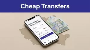 Smartphone and Romanian banknotes beneath a bold Cheap Transfers banner.