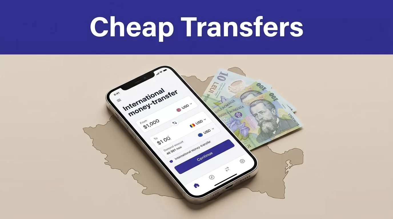 Smartphone and Romanian banknotes beneath a bold Cheap Transfers banner.