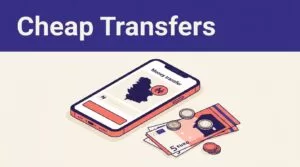 A smartphone showing a Serbia money transfer beside euro and dinar notes.