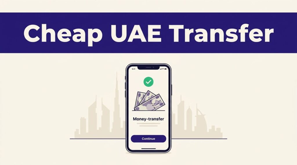 Phone showing a money transfer confirmation beside UAE dirham notes and a Dubai skyline.