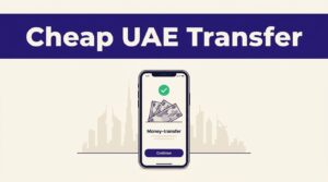 Phone showing a money transfer confirmation beside UAE dirham notes and a Dubai skyline.