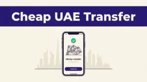Phone showing a money transfer confirmation beside UAE dirham notes and a Dubai skyline.