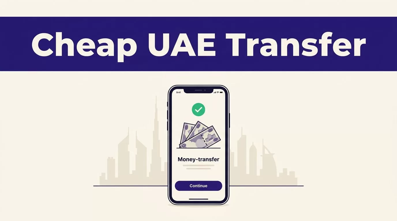 Phone showing a money transfer confirmation beside UAE dirham notes and a Dubai skyline.