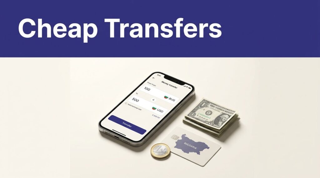 Phone showing a money transfer beside euros, dollars, and a Bulgaria map.