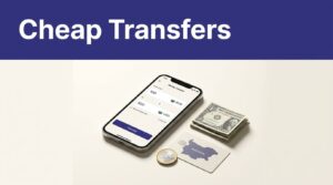 Phone showing a money transfer beside euros, dollars, and a Bulgaria map.