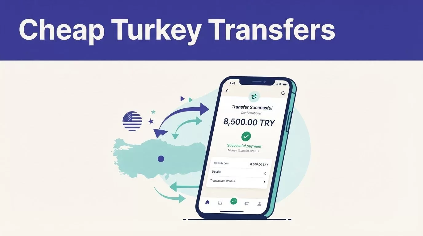 A smartphone transfer confirmation beside a Turkey map and bold Cheap Turkey Transfers headline.