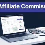 Laptop showing affiliate payouts beside a calculator and finance papers.