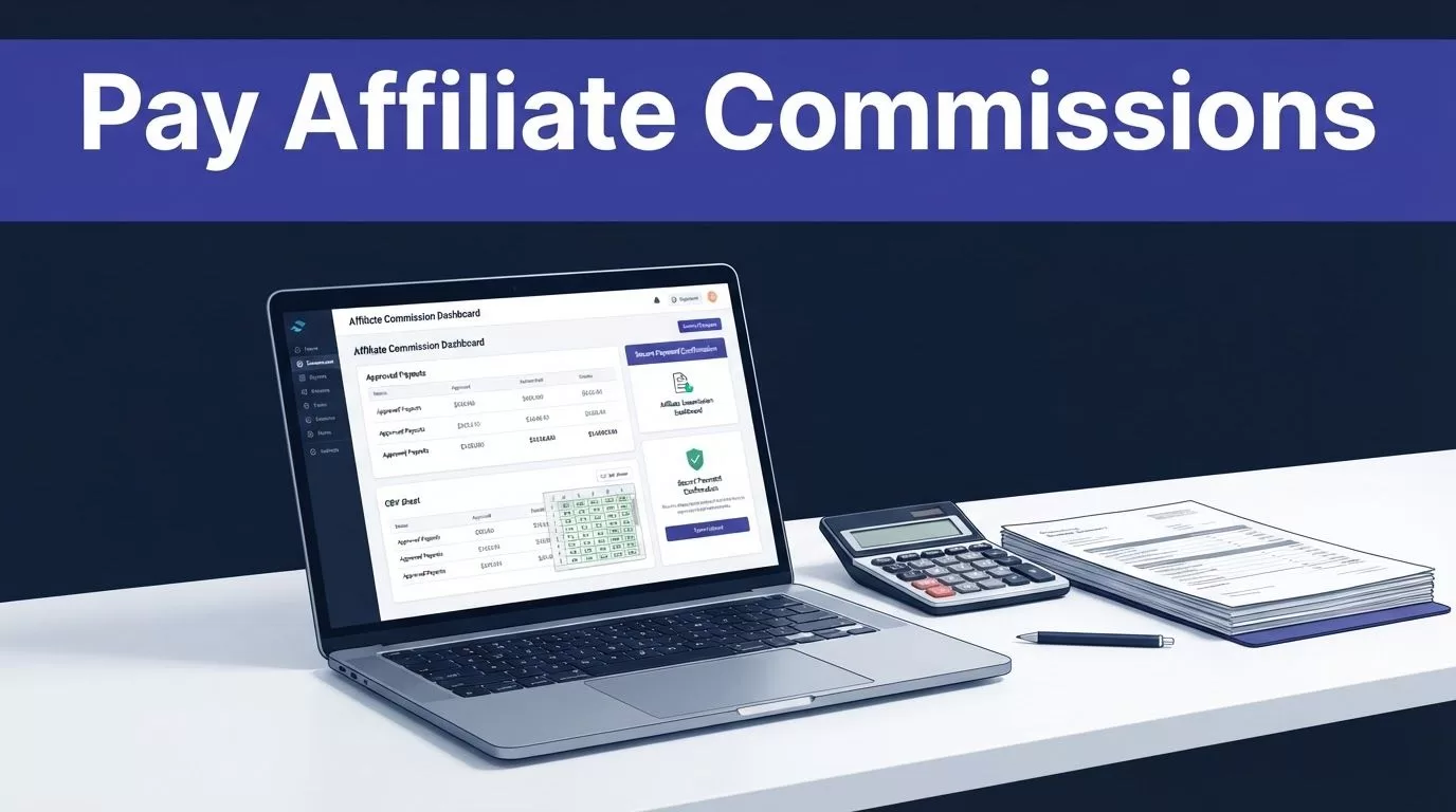 Laptop showing affiliate payouts beside a calculator and finance papers.