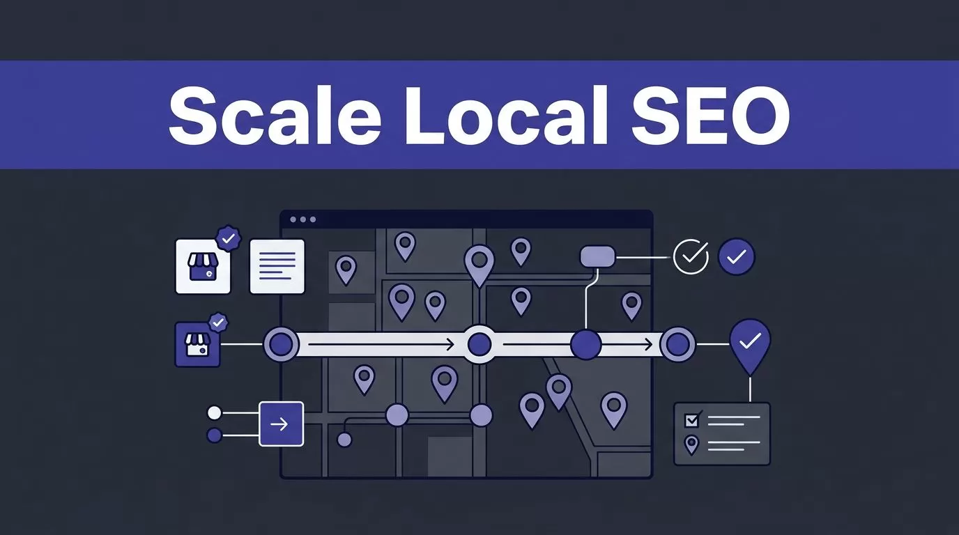 Local SEO listings, map pins, and workflow checks connect beneath an indigo headline band.