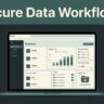 Laptop showing a secure browser automation dashboard with company data and export controls.