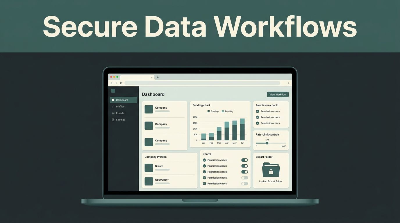 Laptop showing a secure browser automation dashboard with company data and export controls.