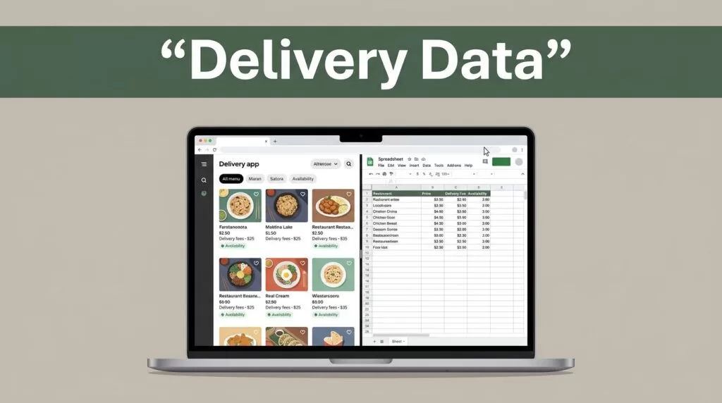 Laptop and spreadsheet show delivery listings, prices, fees, and availability.