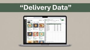 Laptop and spreadsheet show delivery listings, prices, fees, and availability.