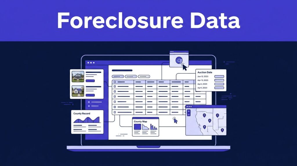 Laptop showing a foreclosure dashboard with property cards, auction dates, records, and a map.