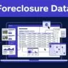 Laptop showing a foreclosure dashboard with property cards, auction dates, records, and a map.