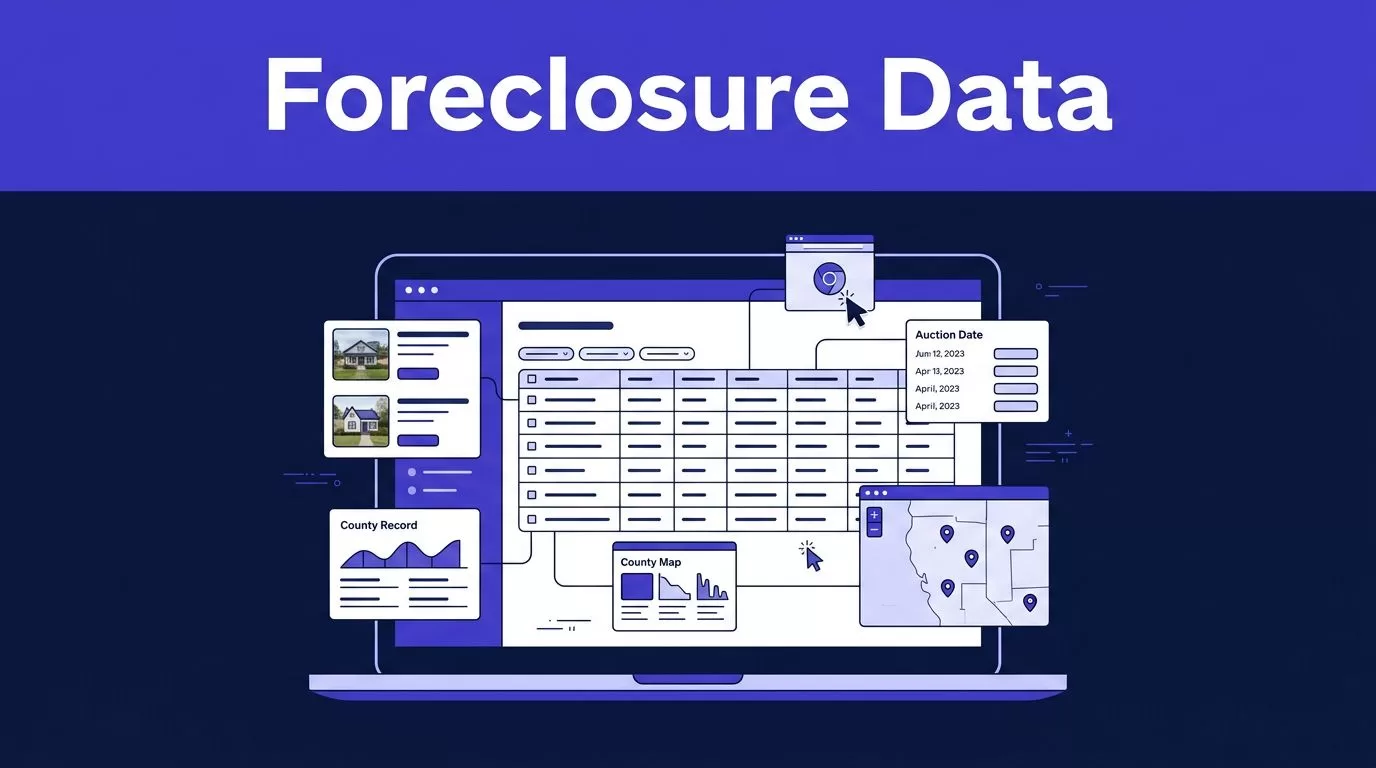 Laptop showing a foreclosure dashboard with property cards, auction dates, records, and a map.