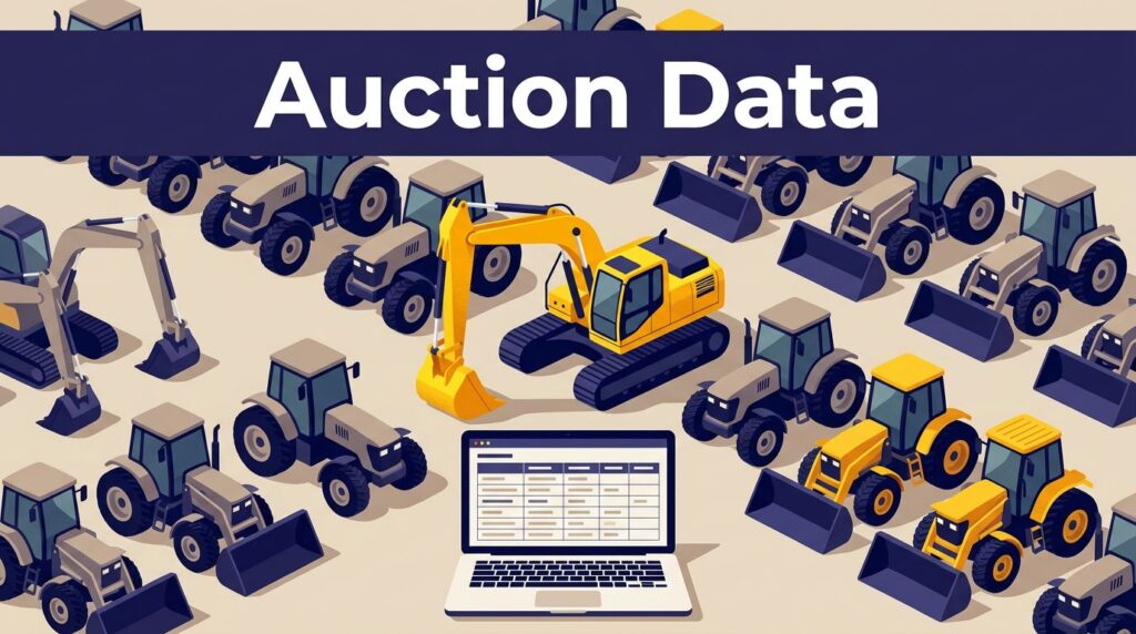 Yellow excavator leads rows of machinery beside a laptop showing a data table.