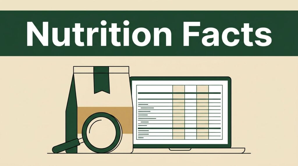 Food package, magnifying glass, and laptop with a nutrition table below a green Nutrition Facts banner.